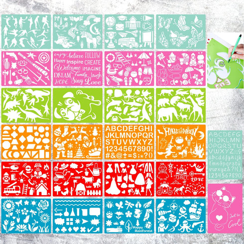 26 Pieces 10 x 7 Inch Drawing Stencil Set for Kids Over 400 Patterns Animals Letters Flowers Dinosaur Christmas Painting Coloring Templates for Ed...