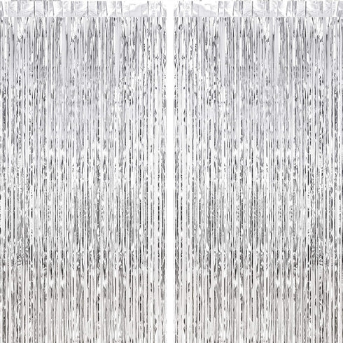 CHRORINE 2pcs 3ft x 8.3ft Silver Tinsel Foil Fringe Curtains Streamers Backdrop for Birthday Graduation Engagement Bridal Shower Bachelorette Baby...