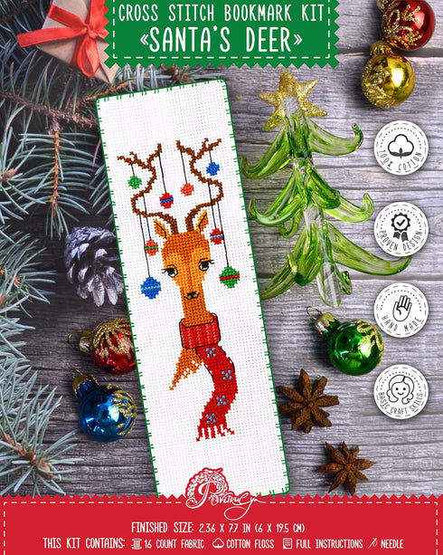 Povitrulya Santa's reindeer - Counted Cross Stitch Bookmark Kit - DIY Embroidery set - Hand Made Christmas Gift for Adults and Kids...