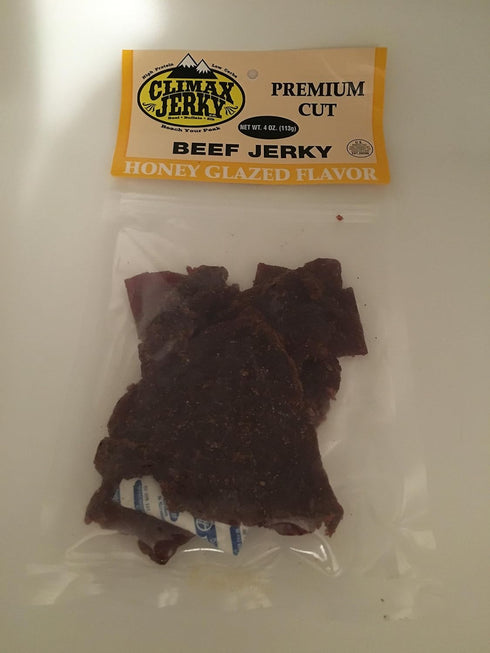 BEST Premium Slightly Sweet 4 OZ. Mild and Tender Honey Glazed Beef Steak Jerky from Colorado USA - Wood Smoked With Hickory Wood by Climax Jerky ...