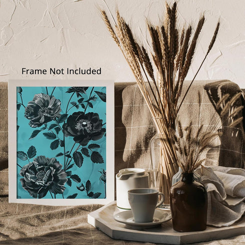 Posterizer 1 pcs-lush black flowers with blue background-Floral & Botanical Art-Abstract & Modern Art-Decor for Home & Office- UNFRAMED Wall Art...