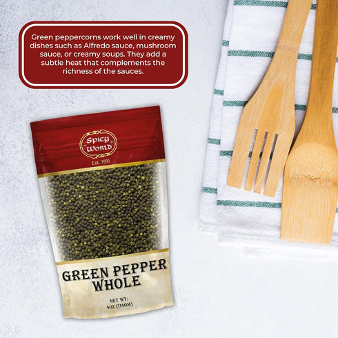 Spicy World Whole Green Peppercorns 4 Oz Bag - Steam Sterilized & All Natural...