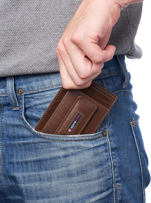 Alpine Swiss Harper Mens RFID Slim Front Pocket Wallet Magnetic Money Clip ID Card Holder Leather Glossy Nappa Brown...