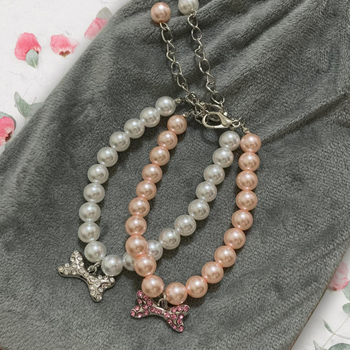 2 Pcs Dog Cat Pearl Collar Necklace with Rhinestone Bone, Fancy Cat Wedding Collar Jewelry for Girl Cat Puppy Dogs Accessories(Pink+White)...