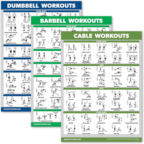 Palace Learning 3 Pack - Dumbbell Workouts + Barbell Exercises + Cable Machine Workouts - Set of 3 Workout Charts (LAMINATED, 18” x 24”)...