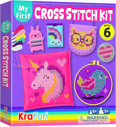 KRAFUN Beginner My First Cross Stitch Kit for Kids Arts & Crafts, 6 Easy Projects of Felt Keyring, Bag, Pillow Craft, Instructions, Gift for Girls...
