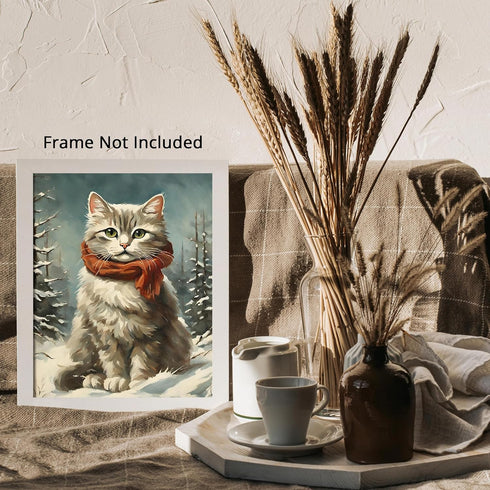 Posterizer 1 pcs-cute kitty cat in snowy winter-oil painting style -2-Art for Animal Lovers-Landscape & Nature Art-Decor for Home & Office- unfram...