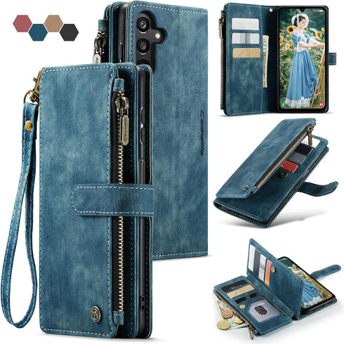 Samsung Galaxy A15 5G Wallet Case with Card Holder Kickstand Magnetic Zipper Pocket Lanyard Strap Wristlet,Leather Flip Case Wallet for Samsung Ga...