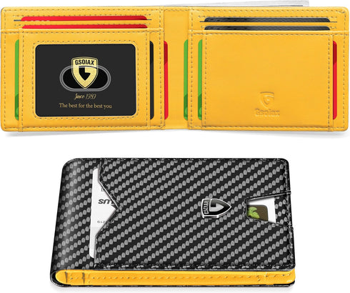 GSOIAX Mens Slim Wallet for Men Minimalist Genuine Leather Carbon Fiber Rfid Blocking Bifold Credit Card Holder With Gift Box (Yellow and Carbon B...