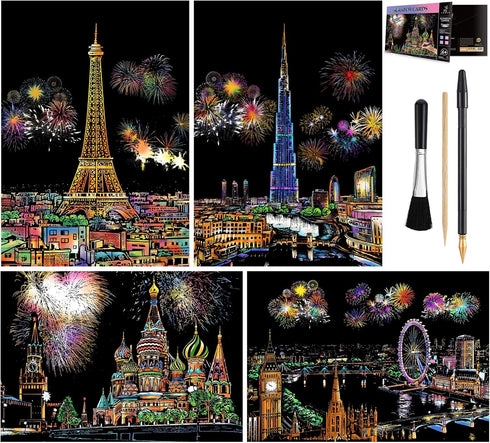 MIASTAR Scratch & Sketch Art for Kids & Adults, Rainbow Painting Night View Scratchboard(A4), Art & Craft, 4 Sheets Scratch Cards & Drawing Pen, C...