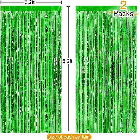 CHRORINE 2pcs 3ft x 8.3ft Green Tinsel Foil Fringe Curtains Streamers Backdrop for Green Birthday Jungle Safari Tropical Party Christmas Decoratio...