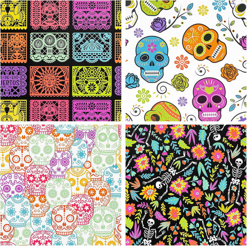 LeZakaa Holiday Wrapping Paper Sheet - 12 Sheet with 4 Different Design - Skull/Skeleton/Floral Print for Day of the Dead, Halloween - 27.5 x 19.6...