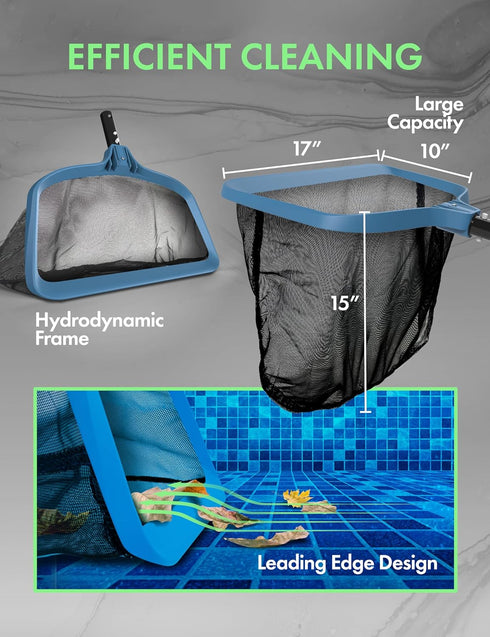 KEMANO Professional Pool Leaf Rake, Heavy Duty Cleaning Tool with Deep Fine Nylon Mesh Net Bag, Debris Pickup, Works with Universal Pool Pole...