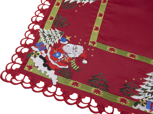 Embroidered Christmas Holiday Santa Claus and Christmas Trees Doily Table Topper Small Tablecloth on Red 33 Inches Square...