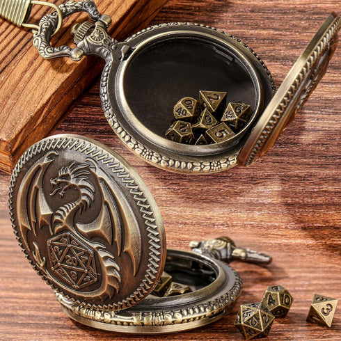 Mini DND Dice Set Steampunk Dragon Pocket Watch Shell Case, 7pcs Polyhedral Metal D&D Dice Set, Dungeons and Dragons Gifts with Gift Box for Men W...