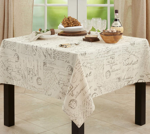SARO LIFESTYLE Vintage Script Print Design Tablecloth, 55" x 55", Natural...