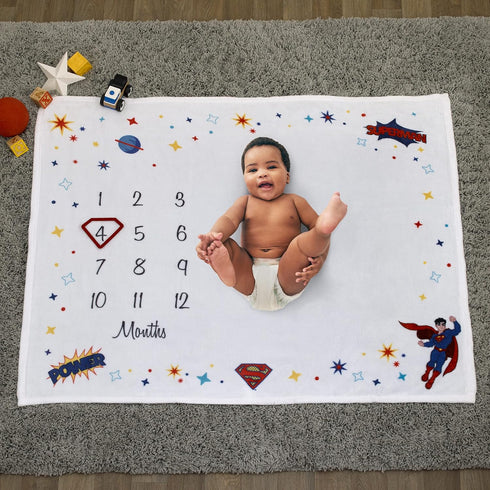 Little Love by NoJo Everything Kids Warner Brothers Superman White and Red Power, Icon, and Stars Milestone Baby Blanket...