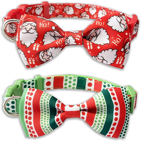 Christmas Dog Collar with Bow Tie, 2 Pack Holiday Santa and Dots Collar for Small Medium Large Dogs Pets Puppies (Large-(16-27") Neck * 1" Wide)...