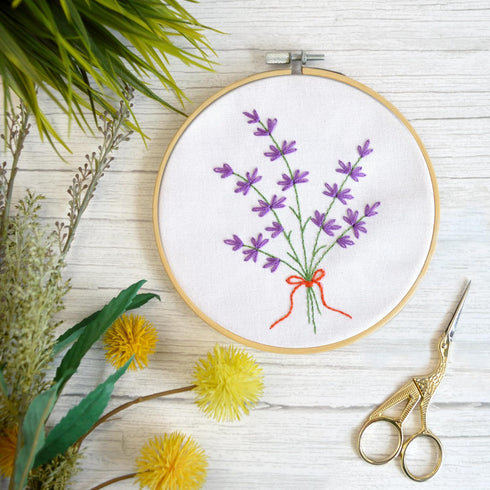 Embroidery Kit for Beginners 'Lavender' - Fun Starter Kit for Hand Embroidery with Stamped Pattern, Pre-Sorted Floss and Bamboo Hoop - for Adults ...