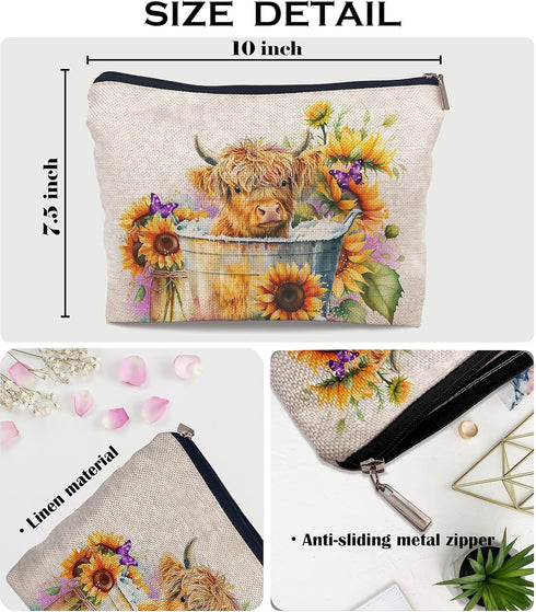 Highland Long haired Cow with Sunflower Decor Cosmetic Bag,Cute Western Cow Clipart Decorative Women's Makeup Bag Zipper Pouch Travel Toiletry,Gif...