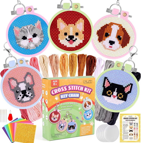 Caydo 5 PCS Cross Stitch Kits for Kids with Cats and Dogs Patterns Stamped Cross Stitch Kits for Beginners DIY Key Chain, Backpack Charms, Craft O...