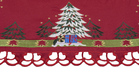 Embroidered Christmas Holiday Santa Claus and Christmas Trees Doily Table Topper Small Tablecloth on Red 33 Inches Square...