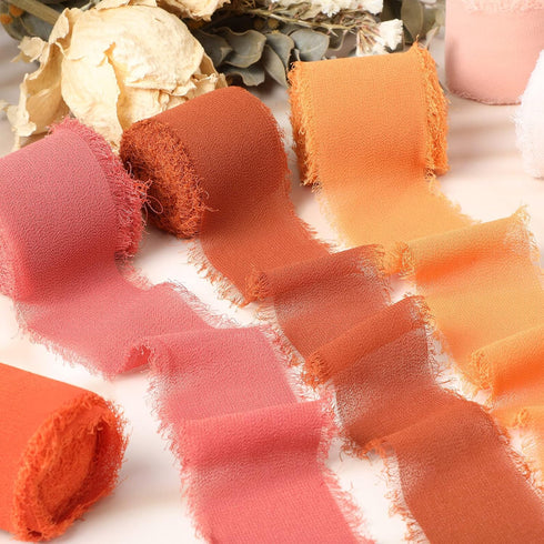 Chuangdi 6 Rolls Fall Terracotta Chiffon Ribbon 1.5 Inch x 5.5 Yard Boho Handmade Fringe Ribbon for Wedding Invitation, Bridal Bouquet, Gift Wrapp...