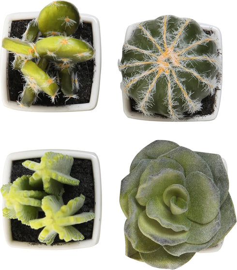 MyGift Set of 4 Assorted Miniature Artificial Succulent & Cactus Plants in White Cube-Shaped Pots...