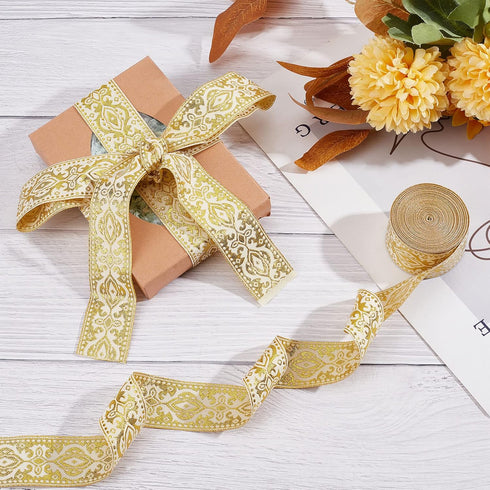 GORGECRAFT 7.7 Yards Double Side Metallic Gold Ethnic Jacquard Ribbon 1.3" Wide Floral Embroidery Bohemian Polyester Woven Ribbons Fringe Band Fab...