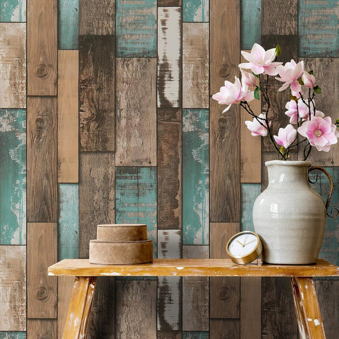 17.7''x100'' Wood Wallpaper Rustic Distressed Wood Peel and Stick Wallpaper Self Adhesive Removable Decorative Wood Plank Film for Wall Covering C...