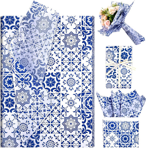 50 Sheets Moroccan Mosaic Tissue Paper,19.7 x 28 Inch Gift Wrapping Tissue Paper Blue Tiles Partern Art Tissue for Wedding Invitation Bridal Showe...