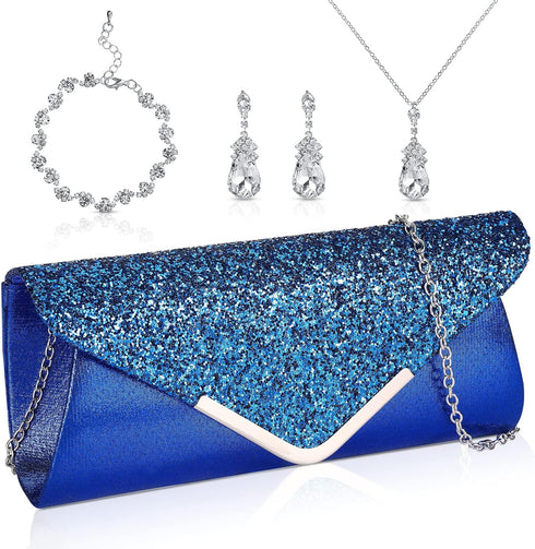 Jadive 4 Pcs Clutch Purses Bag for Women Evening Rhinestone Jewelry Set Bling Necklace Earrings Bracelet for Prom...