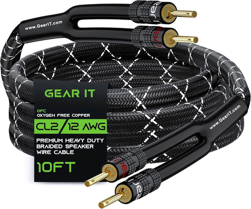 GearIT 12AWG Speaker Cable Wire with Gold-Plated Banana Tip Plugs (10 Feet) in-Wall CL2 Rated, Heavy Duty Braided, 99.9% Oxygen-Free Copper (OFC) ...