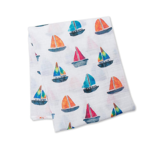 lulujo Baby 100% Cotton Muslin Swaddle Blanket, 47 x 47-Inches, Sailboat...