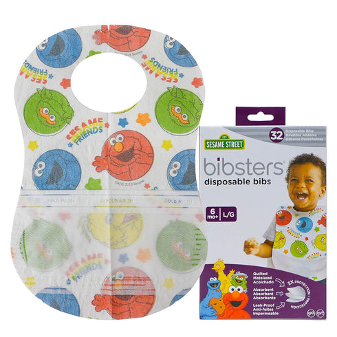 Sesame Street Large Disposable Bibs with Patented Crumb-Catcher, Leakproof Liner, and Reusable Fastener, Ages 6+ Months, 32 count...