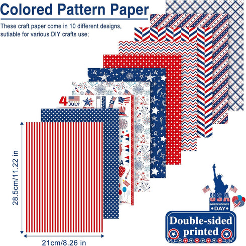 Morcheiong 45 Sheets 4th of July Pattern Paper Set A4 Size Decorative Paper Double-Sided Craft Origami Paper for Independence Day Scrapbooking Car...
