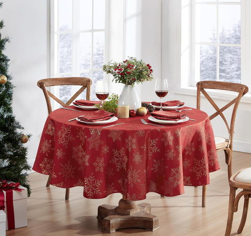 Newbridge Fancy Metallic Snowflake Christmas Fabric Tablecloth, 70 Inch Round, Red Gold, No-Iron Soil Resistant Sparkling Snowflakes Woven Holiday...