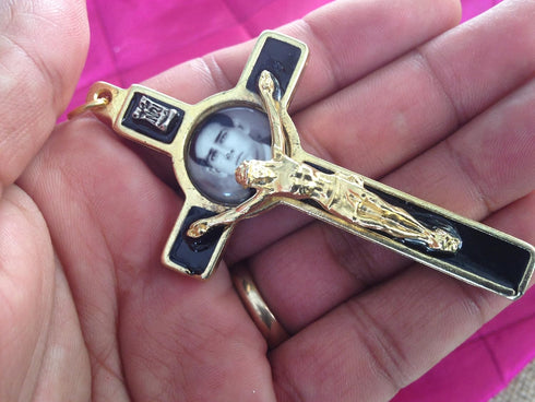 hand made Santo Toribio Cross Crucifix 3" Gold Plated with Black Enamel/Santo Toribio De Romo...