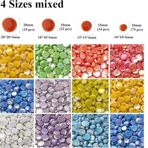 Round Mosaic Tiles for Crafts, 300g/150 Pieces 4 Sizes Mixed (0.3, 0.45, 0.54, 0.6 inch) Round Stained Glass Mosaic Tile for DIY Mosaic Making Sup...