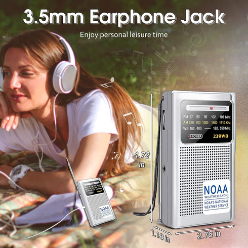 Greadio NOAA Weather Radio, AM/FM Battery Operated Transistor Portable Radio with Best Reception,Stereo Earphone Jack,Powered by 2 AA Battery for ...
