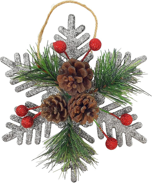 Pinecone Berry Pine Twig Christmas Ornaments - Set of 8 - Glittered Snowflakes and Bells with Pine Cones Greenery and Red Berries - Xmas Décor - C...