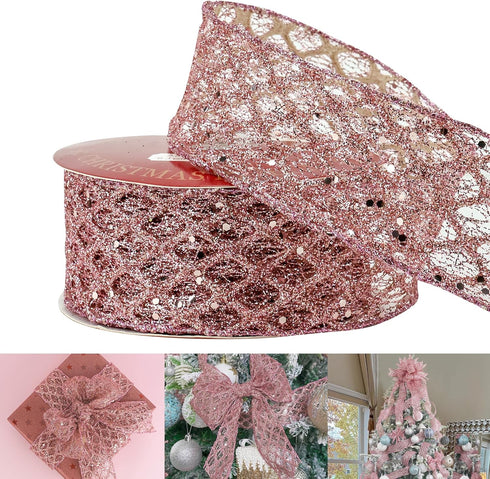 HUIHUANG Rose Gold Wired Ribbon 2-1/2 inch, Rose Gold Pink Christmas Ribbon Diamond Glitter Wire Edge Ribbon for Holiday Tree, Bows Making, Wreath...