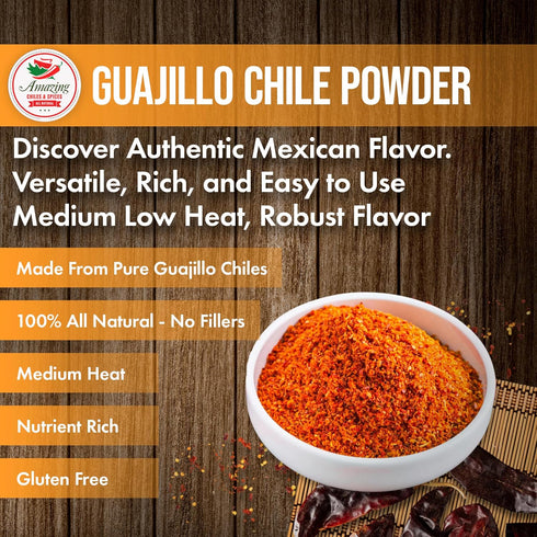 Guajillo Chile Powder Ground (4oz) – Natural and Premium. Great For Chili, Sauces, Stews, Salsa, Meat Rubs, Enchiladas, Mole and Tamales. Tangy Sp...
