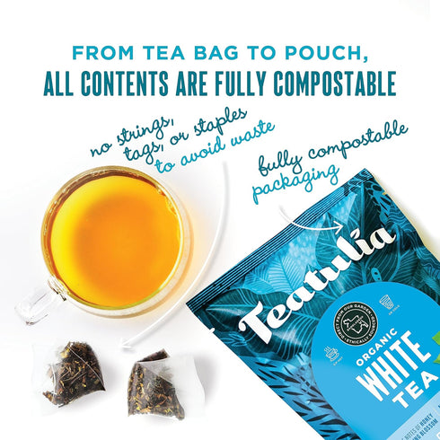 Teatulia Organic White Tea Bags (50 Pyramid Sachet Teabags) Whole Leaf Pure White Tea. 100% Compostable & Sustainably Grown In Bangladesh...