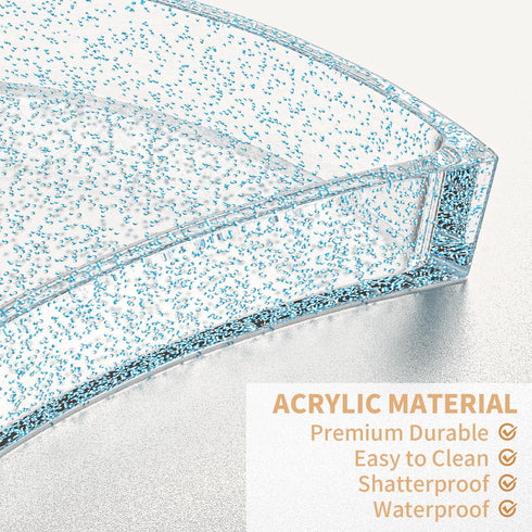 Bathroom Tray Organizer, 10'' Large Acrylic Moon-Shape Vanity Tray Jewelry Tray for Perfume Cosmetic Candle Jewelry, Clear Blue w/Glitter Durable ...