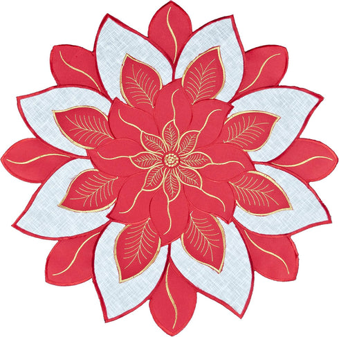 Embroidered Holiday Christmas Red White and Gold Star Poinsettia Doily Placemat Small Table Topper Doily (24 Inch Round)...