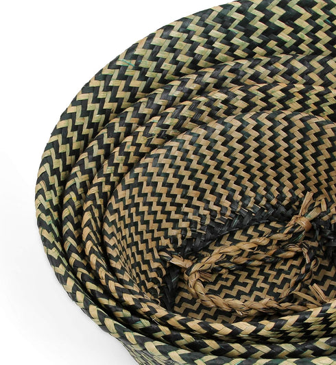 Woven Seagrass Belly Basket for Storage Plant Pot Basket and Laundry, Picnic and Grocery Basket (Medium, black strips)...