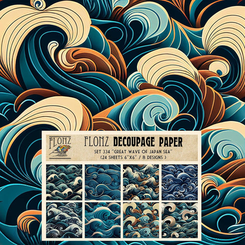 Decoupage Paper Pack (24 Sheets 6"x6") Great Wave of Japan Sea # Vintage Styled Pattern Paper for Decoupage, Craft and Scrapbooking...