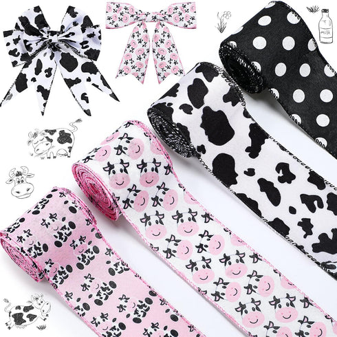 4 Rolls Cow Print Wired Ribbon 24 Yard 2.5 Inch Pink Black and White Striped Cow Spot Animal Print Ribbon for Wreath Bow DIY Crafts Christmas Part...