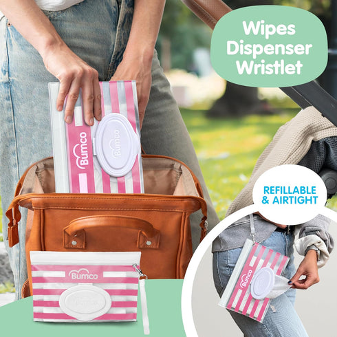 BUMCO Airtight Wipes Dispenser, Keeps Wet, Reusable Refillable Pouch, Diaper Bag Organizer for Travel, Carrying Clutch, Unique Baby Gift for Girl ...
